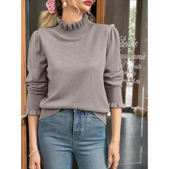 Women's Ruffle Mock Neck Sweater Knit Size Small Casual Fall Chic Pullover - Picture 3 of 5